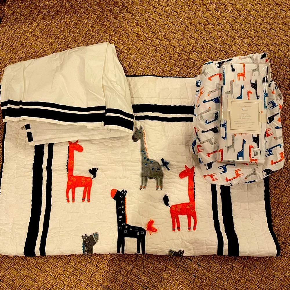 Pottery Barn Kids Harper Giraffe Crib Quilt, Fitted Sheets, and Skirt